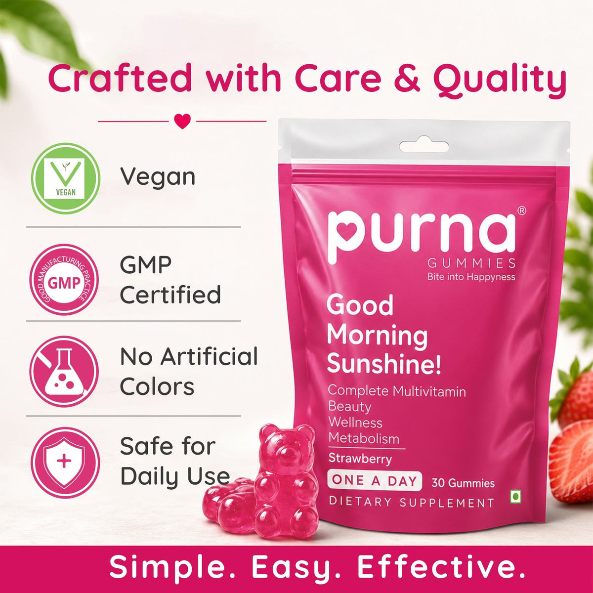 Purna Multivitamin Gummies – Strawberry Flavor | Daily Wellness & Energy Support | 30 Vegan Gummies